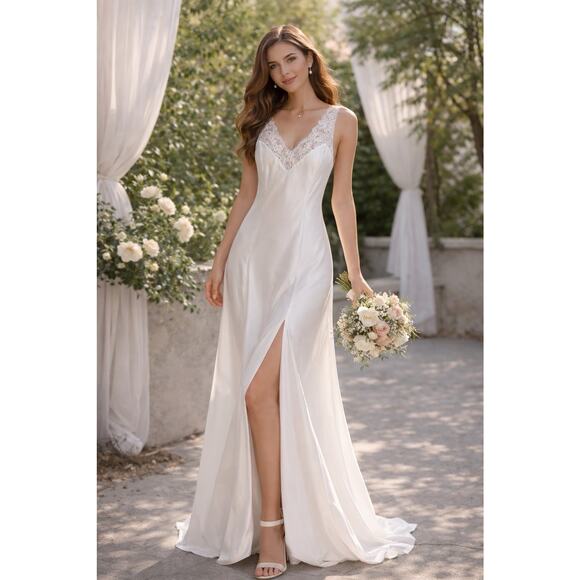 Victoria's Secret Bridal Satin Lace Embroidered Maxi Gown L Slip Dress VTG 1990s